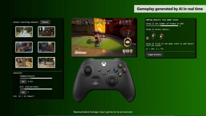 Kujutis näitab videomängu liidest, kus keskel on Xboxi kontroller. Vasakul küljel on ekraanil erinevad mängustseenid valikuteks, sealhulgas temperatuurisätted ja 'Git Iterations'. Paremal küljel on skripti kodeerimise aken mänguelementide lisamiseks. Ülal on tekst 'Gameplay generated by AI in real time'.