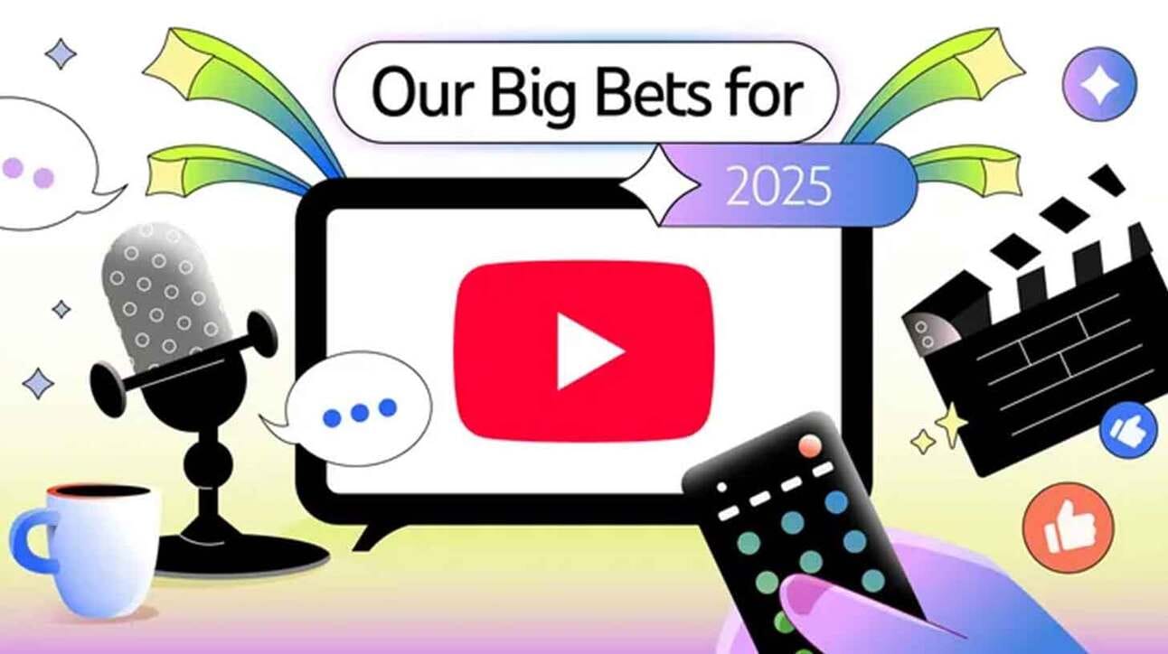 Illustratsioon, mille keskmes on ekraan YouTube'i logoga. Üleval on tekst 'Our Big Bets for 2025'. Vasakul on mikrofon ja kohvitass, paremal klaveri klapp ja pult käes. Ümberringi on mitmeid ikooni nagu kõnemullid, südamete ja pöidlate sümbolid.
