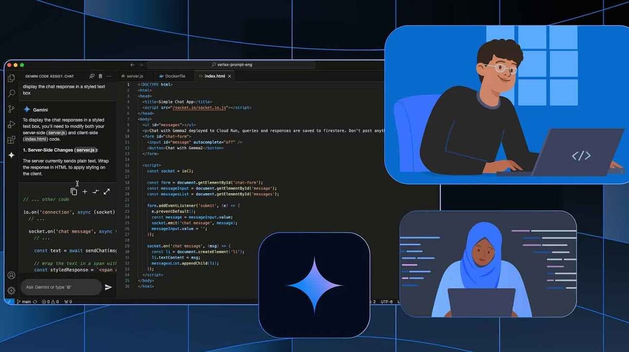 Arvutiekraan kodeerimise redaktori vaatega. Ekraanil on näha HTML-kaust koos erinevate koodiridadega, sealhulgas JavaScript. Ülemises paremas nurgas on sinisel taustal karikatuur meestegelast arvutiga. All paremal on teine karikatuur hijabiga naisest, kes töötab sülearvuti taga. Keskel on ikoon, millel on sinine neljaharuline täht.