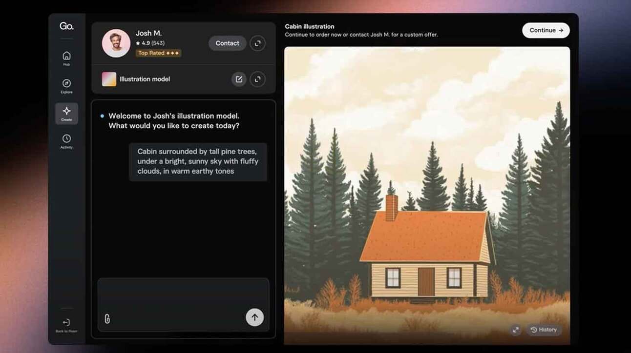 Illustratsiooni programm, kus ekraanil on paremal pilt majakesest männimetsa keskel. Vasakul kuvatakse tervitustekst ja informatsioon kasutaja nimega 'Josh M.' ja tema hinnanguga.