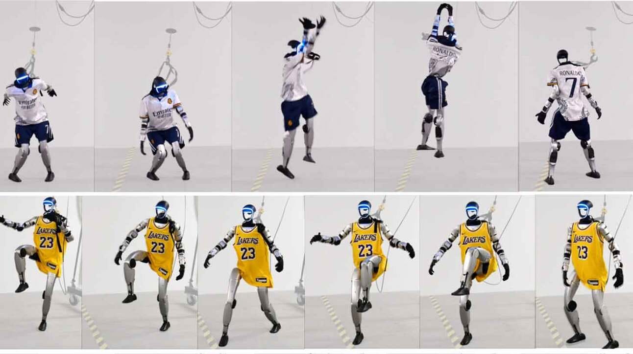 Pildil on järjestikused kaadrid robotist, kes on riietatud erinevatesse spordivormidesse. Ülemisel real kannab robot valget jalgpallivormi koos numbriga '7'. Alumisel real on robot kollases korvpallivormis numbriga '23'. Robot paistab tegevat erinevaid liikumisi ja poose.