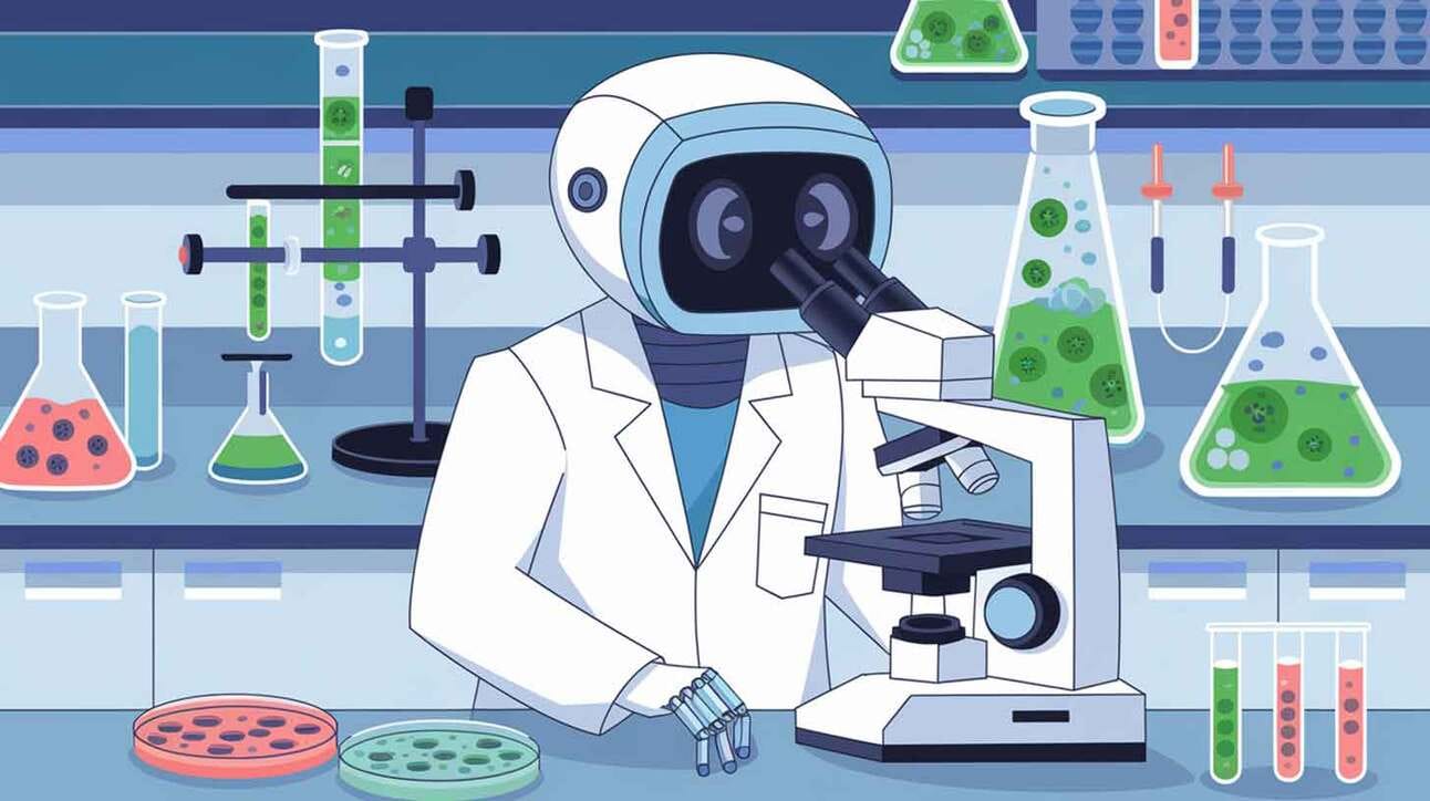 Laboratooriumis asuv robot kannab valget kitlit ja vaatab mikroskoobi sisse. Taustal on erineva kujuga laborinõud, mis sisaldavad värvilisi vedelikke ja katseklaase.