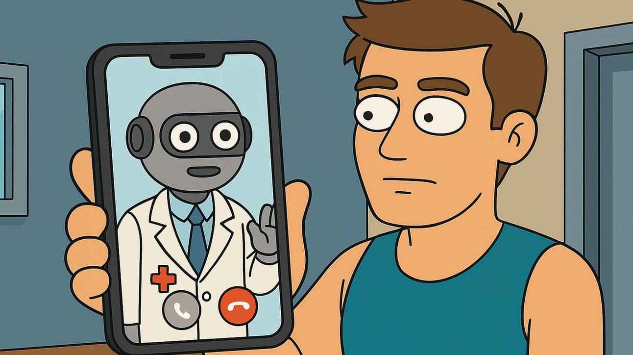 Animeeritud pilt, kus mees vaatab telefoni ekraanil olevat robotit. Robotil on seljas valge arstikitli ja lipsuga ülikond. Ekraanil on näha kõnenuppe. Mees on ruumis, mille seinad on heledad.