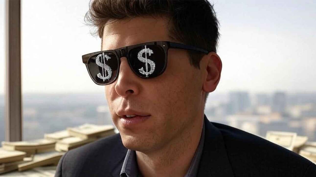 Mees kannab päikeseprille, mille klaasidel on dollarimärgid. Taustal on näha virnad sularahaga.