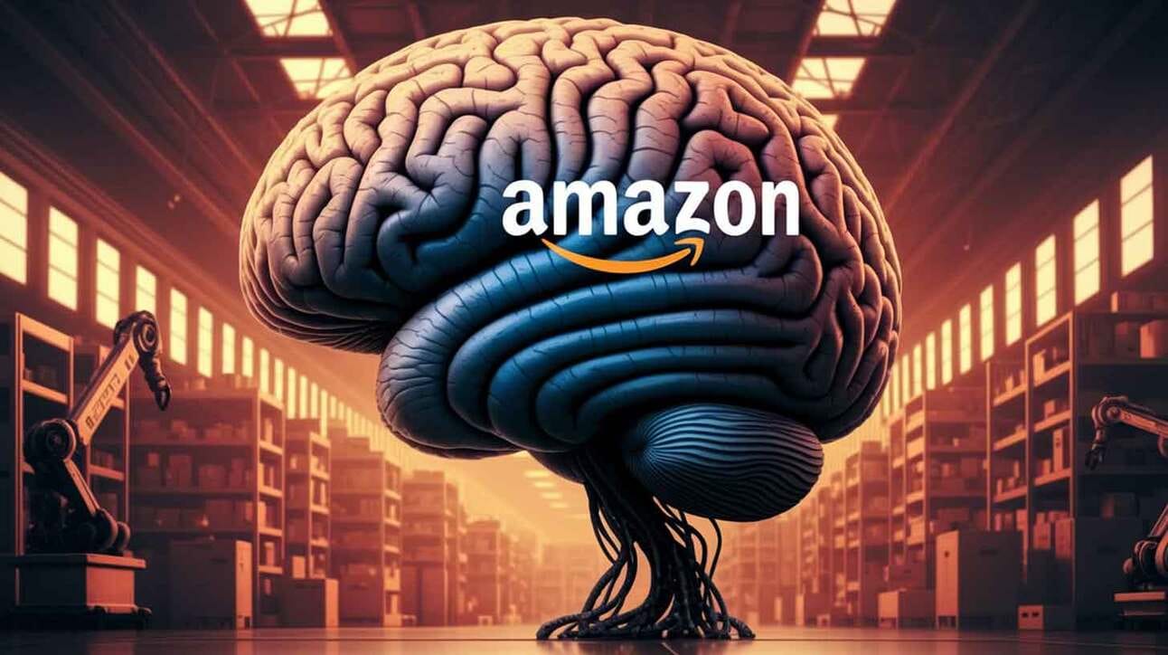 Avaras laopinnas on suur aju, millel on kiri 'Amazon'. Taustal on nähtavad riiulid ja robotkäed. Aju meenutab ühenduvuse ja tehnoloogia sümbolit.