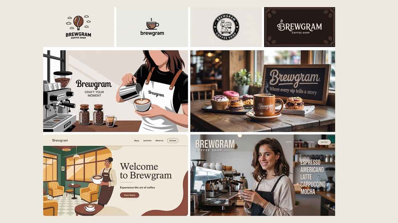 Pilt kujutab erinevaid Brewgrami kohvikuga seotud elemente. Ülal vasakul on kaks Brewgrami logo. Lisaks on pilt kohvimasinast ja inimesest, kes valab piima kohvile. Keskosas on laud kohvitassi ja küpsetistega ning silt tekstiga. All vasakul on illustratsioon kohvikust, kus on mees kohvi valmistamas. Paremalt alt on näha naine kohvikus kohvi valmistamas. Tekstid piltidel sisaldavad kohvijookide nimesid ja viiteid Brewgramile.