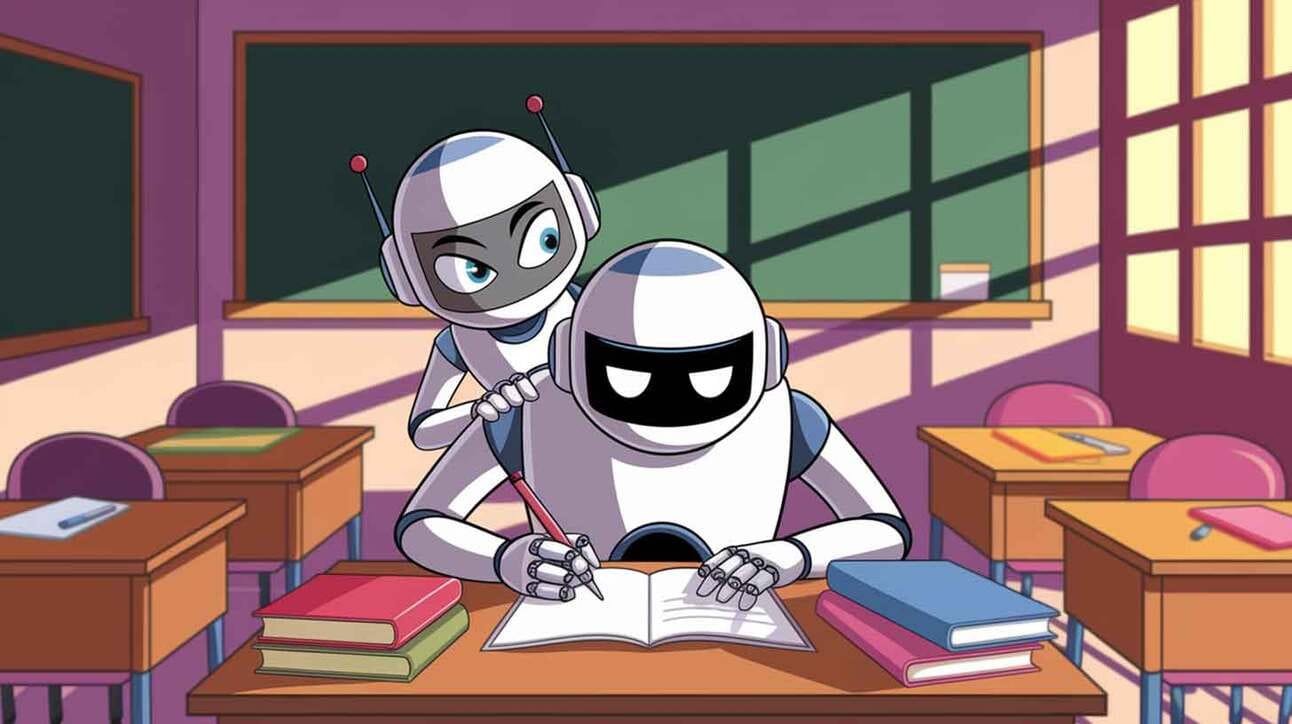 Kahed robotid istuvad õpikute keskel klassiruumis. Üks robot kirjutab vihikusse pliiatsiga ja teine robot vaatab talle üle õla. Taustal on tahvel, lauad ja toolid.