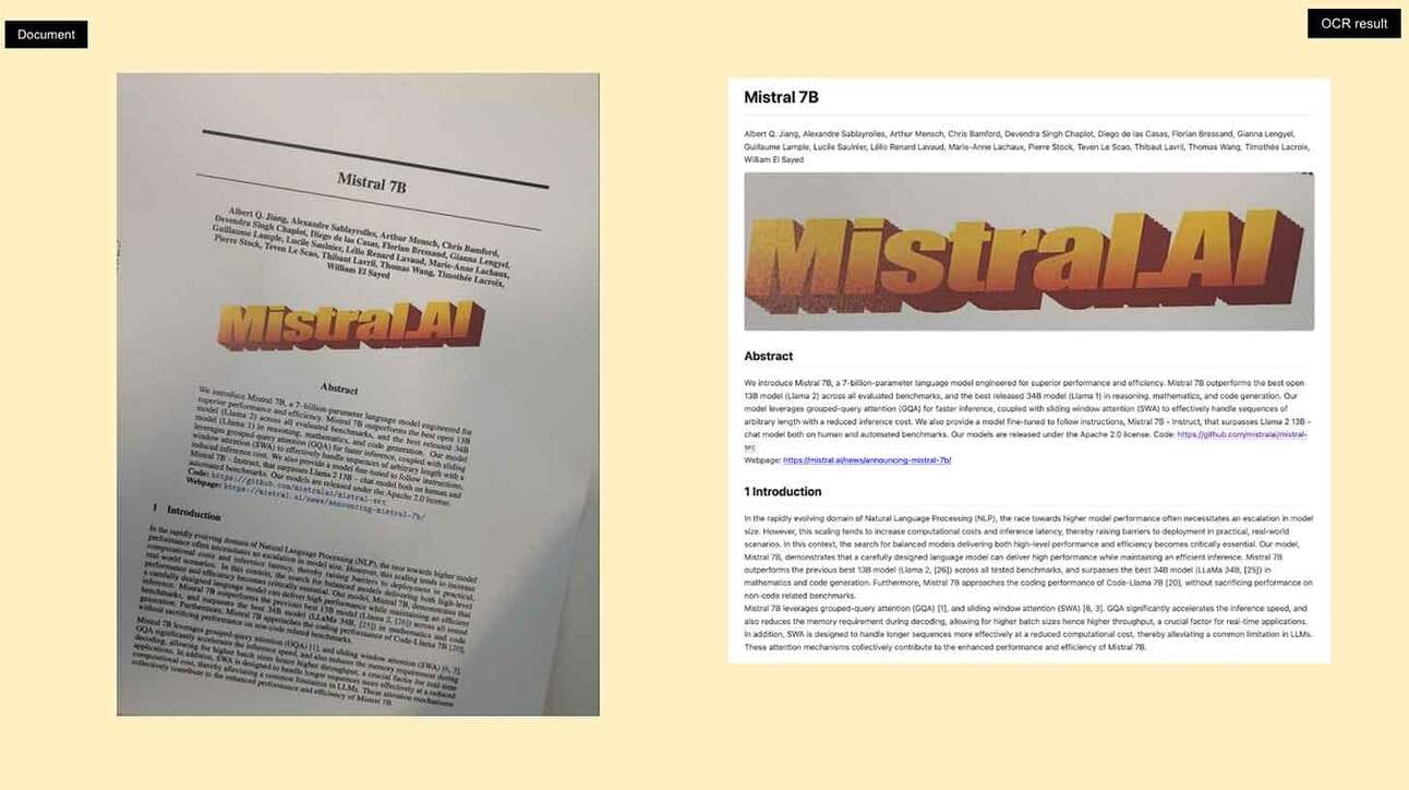 Kollasel taustal on kaks teksti pilti. Vasakul on paberdokument pealkirjaga 'Mistral 7B', mille all on autorite nimed, abstraktne tekst ja sissejuhatus. Teksti keskel on värviline logo 'Mistral AI'. Paremal on digitaalne dokument, mis kuvab 'Mistral 7B' pealkirja, autori nimed, värvilise logo ning abstraktse ja sissejuhatava teksti.