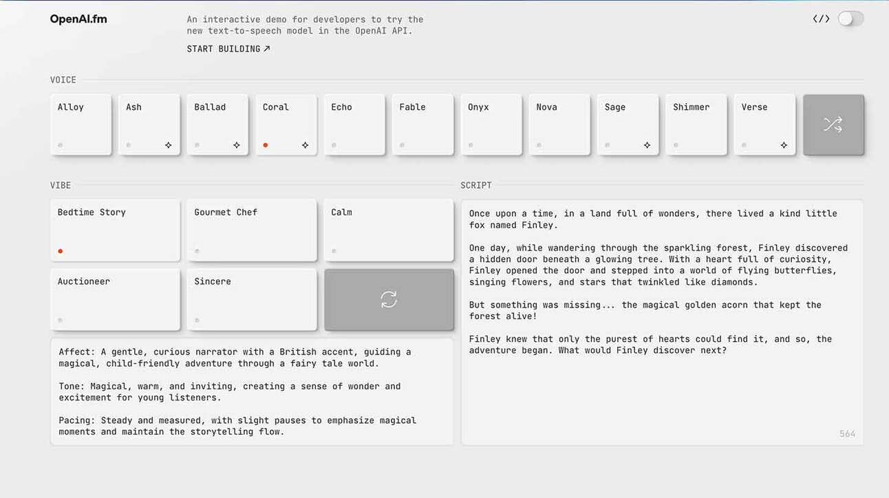 Kuvandil on interaktiivne demo veebilehest OpenAI.fm, kus kasutatakse uut teksti kõneks muutmise mudelit. Ülaosas on erinevad häälevalikud nagu 'Alloy', 'Ash', 'Ballad' jne. Keskel on 'Vibe' sektsioon, millel on valikud nagu 'Bedtime Story', 'Gourmet Chef' jt. Paremal on tekstilõik, mis kirjeldab lugu väikesest rebasest nimega Finley, kes avastab maagilise maailma. Alumises osas on kirjas efektid, toon ja tempovalik, mis on seotud loo esitusega.