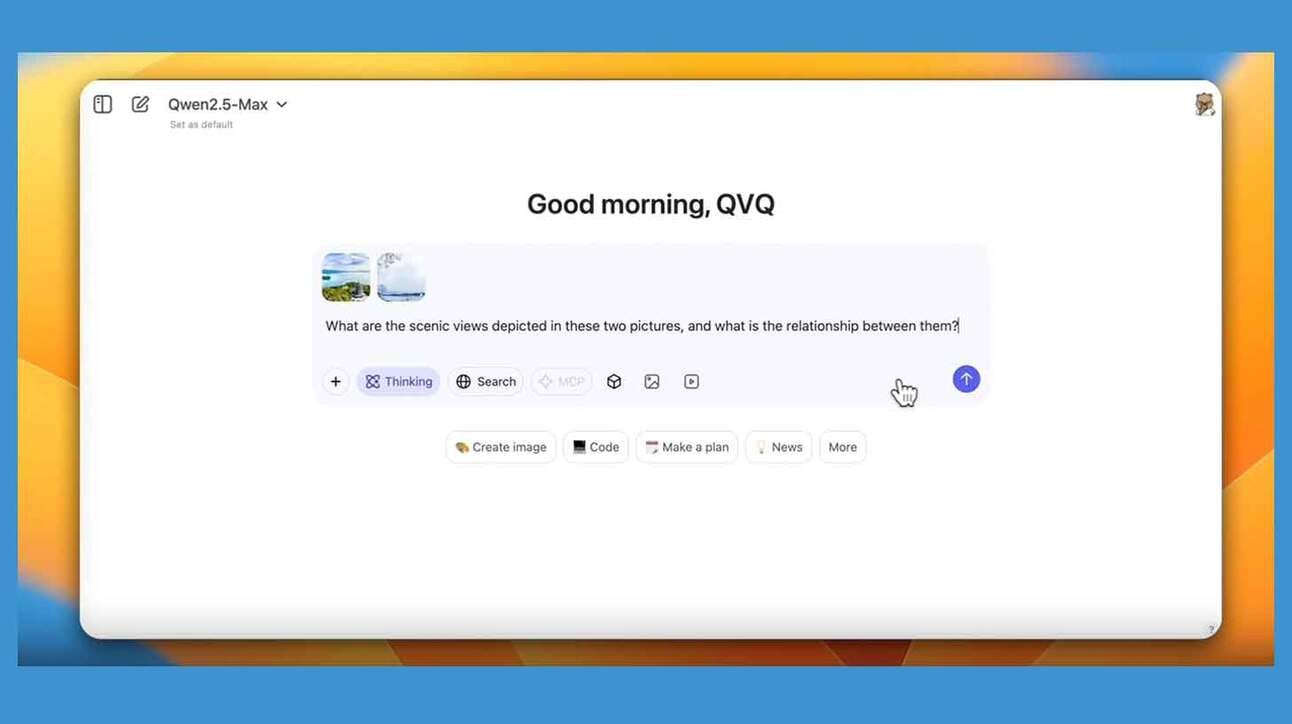 Kuva arvutiekraanist, mille keskel on tekst 'Good morning, QVQ'. Teksti all on dialoogikast pisipiltidega kahest maastikust ning küsimus maastike vaate ja nendevahelise seose kohta. Ekraani allosas on valikud nagu 'Create image', 'Code' ja 'Make a plan'.