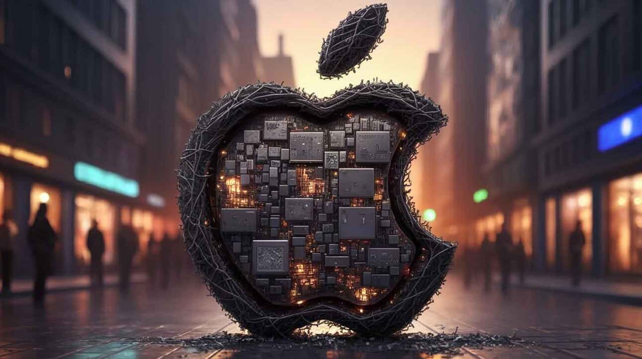 Apple'i logo, mis on kujundatud metallist ja elektroonikakomponentidest, paigutatuna hämarale linnatänavale. Tuhmid valgusallikad taustal ja tänaval kõndivad udused inimfiguurid loovad futurististliku meeleolu.