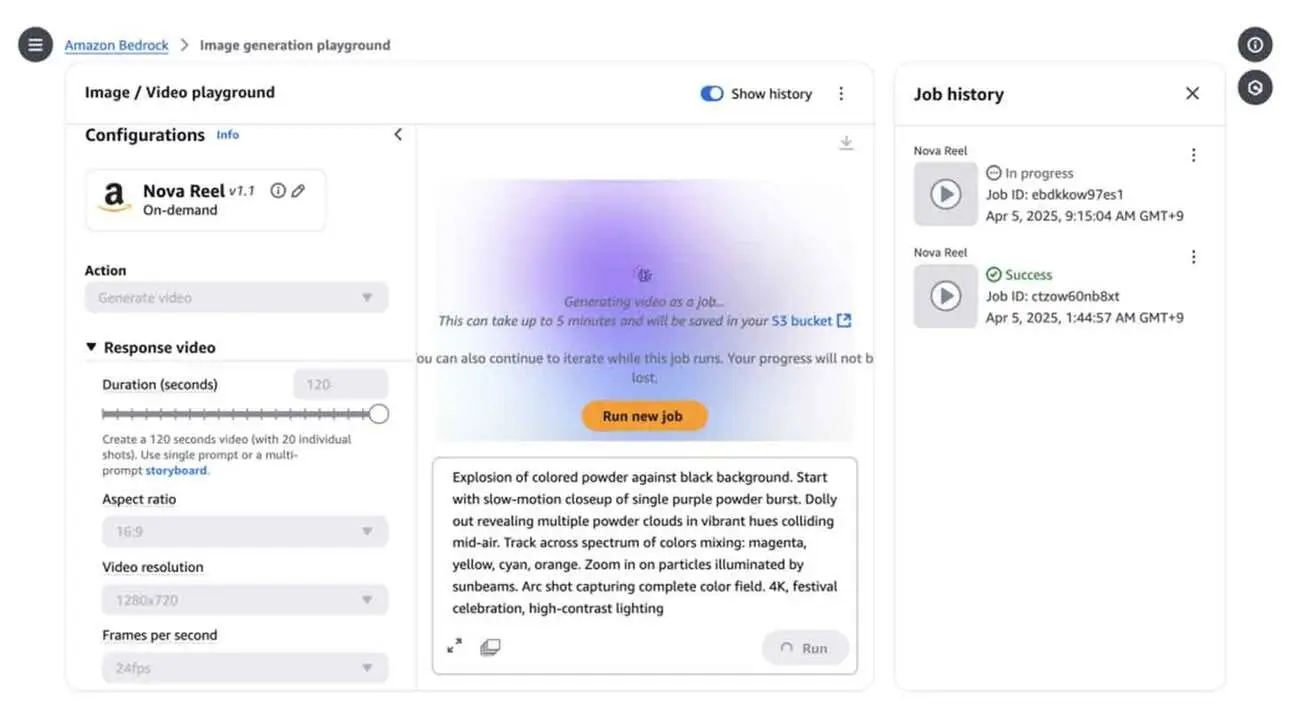 Kuvand näitab kasutajaliidest nimega 'Image / Video Playground' Amazon Bedrockis. Vasakul on seadistuste sektsioon, kus on valitud 'Nova Reel v1.1 On-demand'. Toimingukastis on valik 'Generate video'. Video kestus on määratud 120 sekundit. Paremal on tööajaloo sektsioon, kus on kuvatud tööde olek, viimane töökäik on märgitud kui 'Success'. Keskel on lilla ala, kus kuvatakse video genereerimise teade ja nupp 'Run new job'.