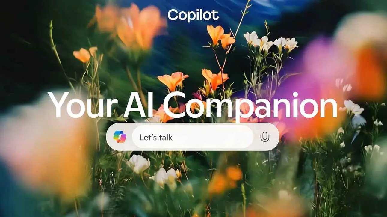 Lilleline taust koos tekstiga 'Copilot' ja 'Your AI Companion'. Ees on mikrofoninupp ja tekst 'Let's talk'.
