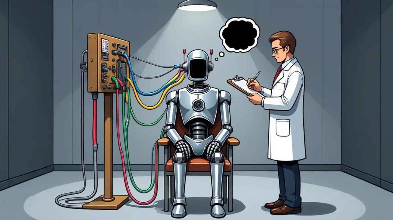 Laboris istub robot, kes on ühendatud erinevate värviliste juhtmetega lülituspaneeliga. Inimene valge kitli ja prillidega seisab roboti kõrval, hoidmas käes pliiatsit ja märkmikku, justkui teeks märkmeid. Roboti kohal on mõttekujutis.