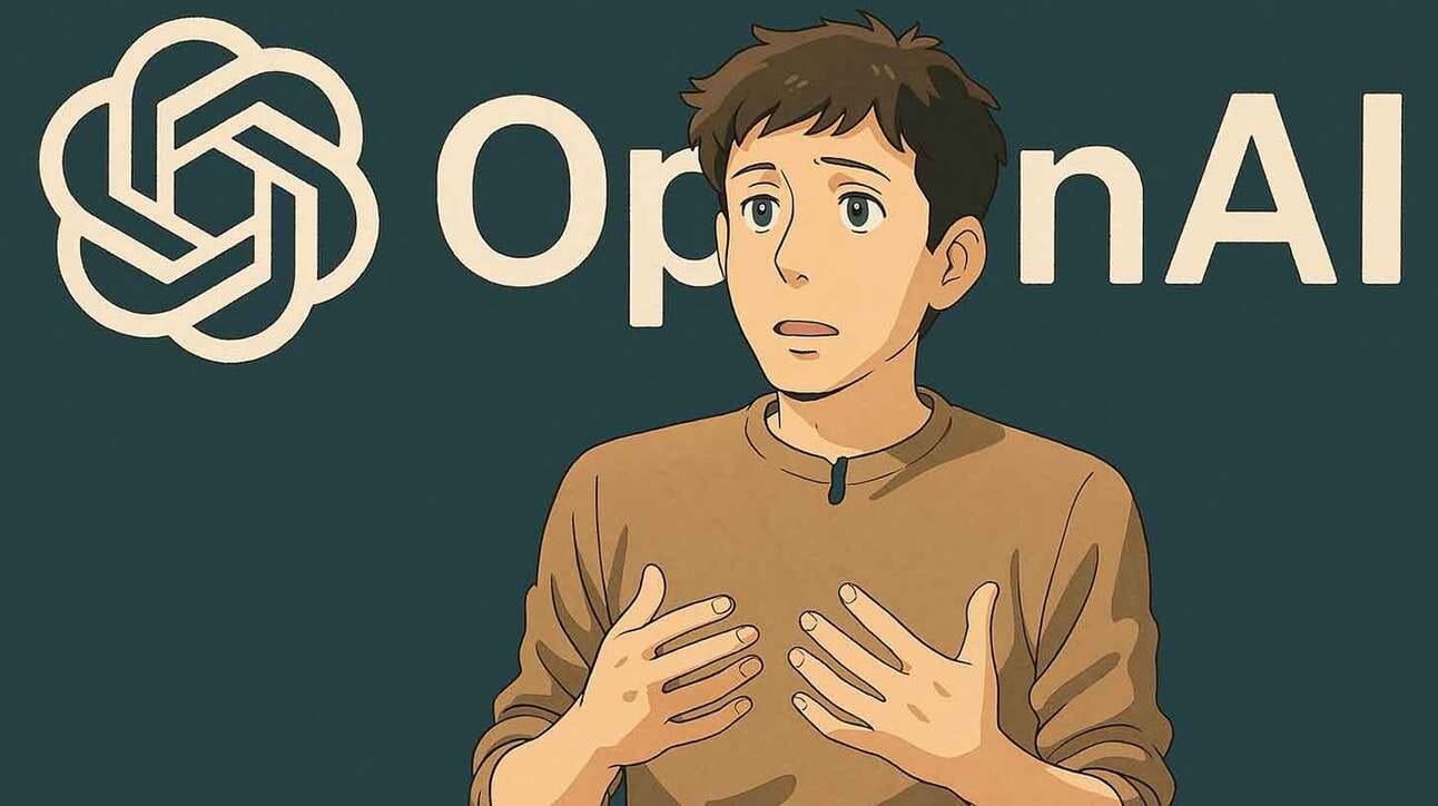 Anime stiilis joonistus, mis kujutab inimest pruunis särgis, käed rinnal, justkui selgitamas. Taustal on näha osa sõnast 'OpenAI' ja OpenAI logo.