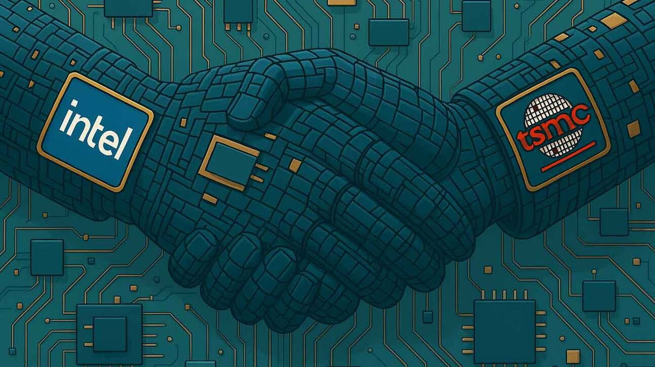 Kaks kätt, mis koosnevad tehnoloogilisest mikrokiipide mustrist, suruvad üksteise kätt. Ühel käel on kirjas 'Intel' ja teisel 'TSMC'. Taustal on elektrooniline trükkplaat.