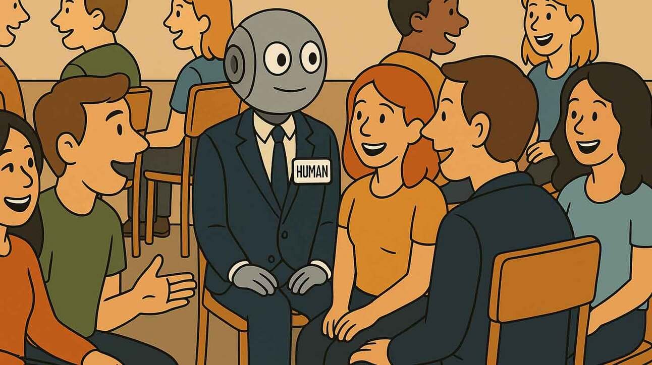 Joonistus, kus mitmed inimesed istuvad ringis ja rääkivad omavahel. Üks isik on robot, kes kannab ülikonda ja rinnasildi kirjaga 'HUMAN'. Ümbritsevad inimesed naeratavad ja arutlevad omavahel.
