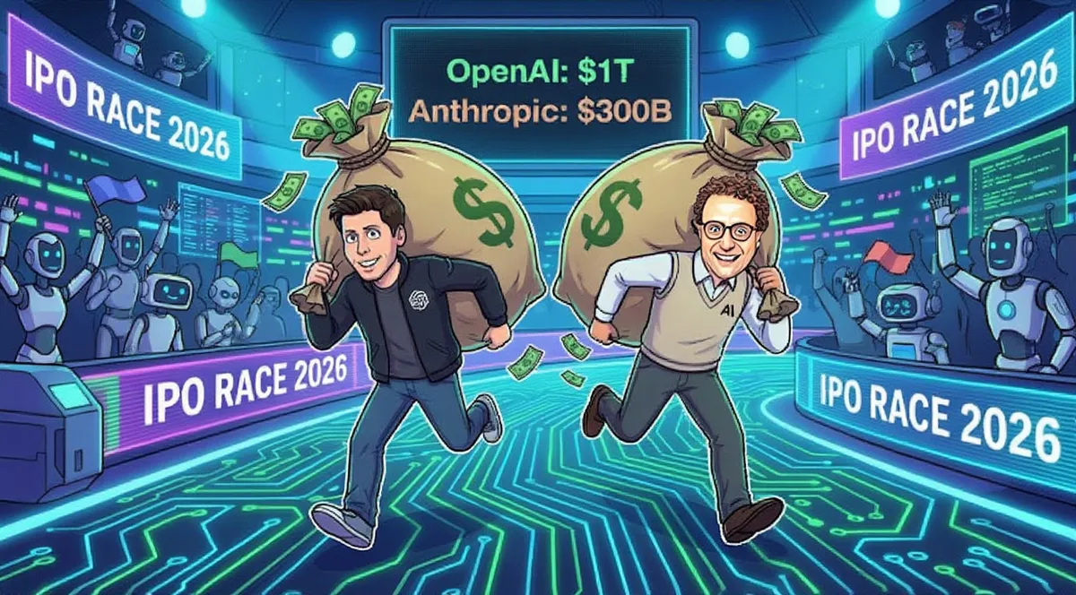 Kaks joonistatud meest jooksevad suurte rahakottidega võistlusel, millel on pealkiri 'IPO RACE 2026'. Ühel rahakotil on märgitud 'OpenAI: $1T' ja teisel 'Anthropic: $300B'. Taustal on roboteid, kes lehvitavad ja innustavad osalejaid.
