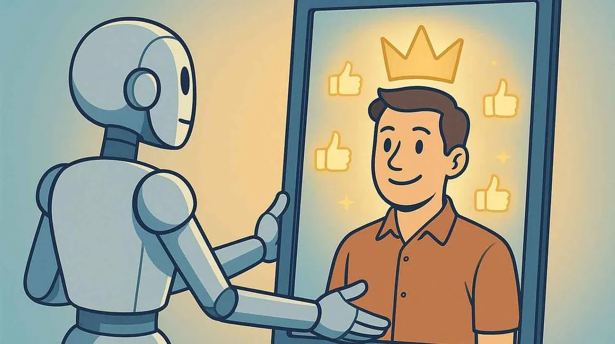 Robot vaatab peeglisse, kus on näha mees oranžis särgis. Tema pea kohal on kuldne kroon ja ümberringi on mitmed pöidla üles ikoonid.