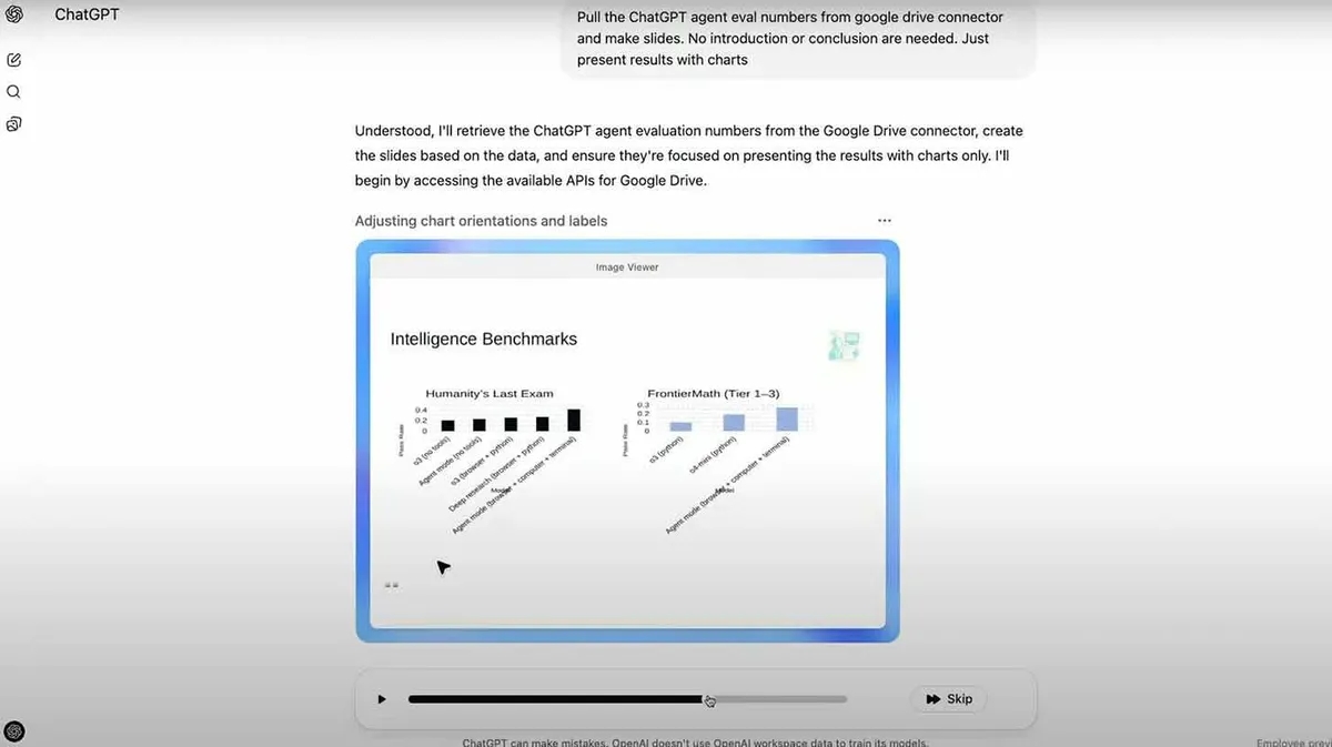 Pilt esitleb kahe diagrammiga slaidi pealkirjaga 'Intelligence Benchmarks'. Vasakpoolne diagramm näitab 'Humanity's Last Exam' tulemusi ja parempoolne diagramm 'FrontierMath (Tier 1-3)' tulemusi. Iga diagrammi all on erinevad kategooriad, millel on seotud andmetulbad. Diagrammid on paigutatud sinise raamiga vaatesse.