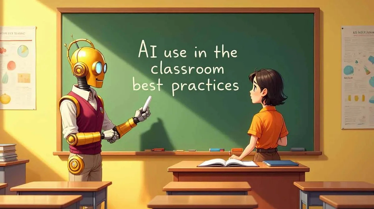 Robot õpetaja klassiruumis juhendab õpilast tahvli ees. Tahvlil on kiri 'AI use in the classroom best practices'. Klassiruumis on koolipinkide peal avatud raamat. Seintele on kinnitatud teadusplakatid.