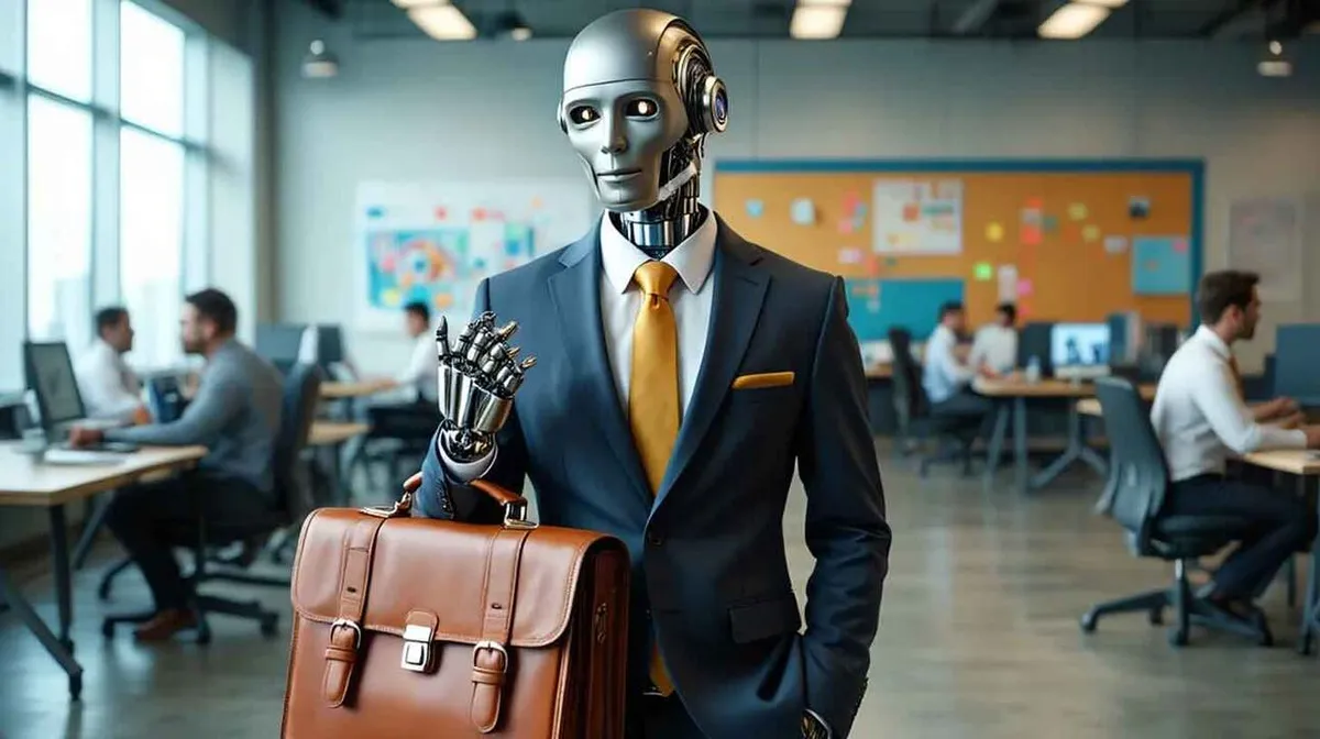 Kontor, kus robot, kes kannab tumesinist ülikonda ja kollast lipsu, hoiab käes nahast portfelli. Taustal töötavad inimesed arvutite taga avatud kontoriruumis.