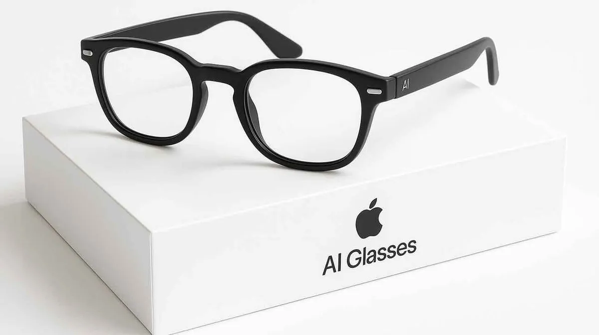 Mustad prillid, mis asuvad valgel karbil, millel on Apple'i logo ja tekst 'AI Glasses'.