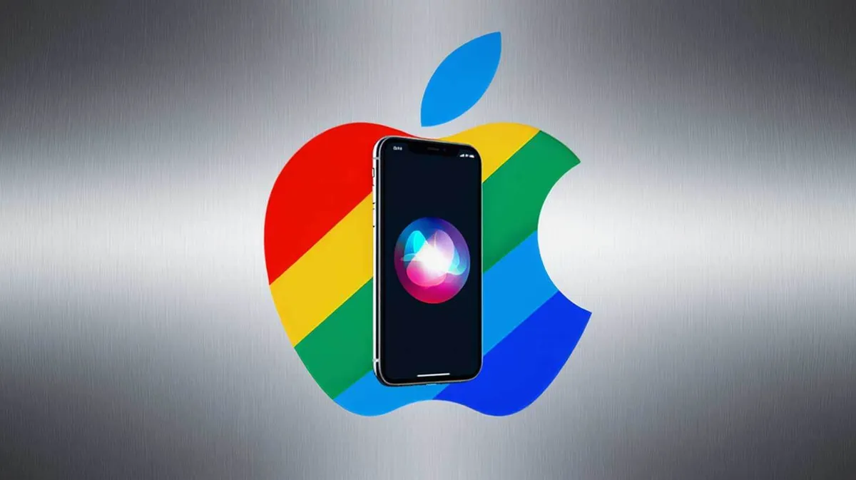 Nutitelefon, mille ekraanil on värviline Siri logo, asub Google'i logol, kus on Apple'i logo kontuur. Taust on metallist tekstuuriga.