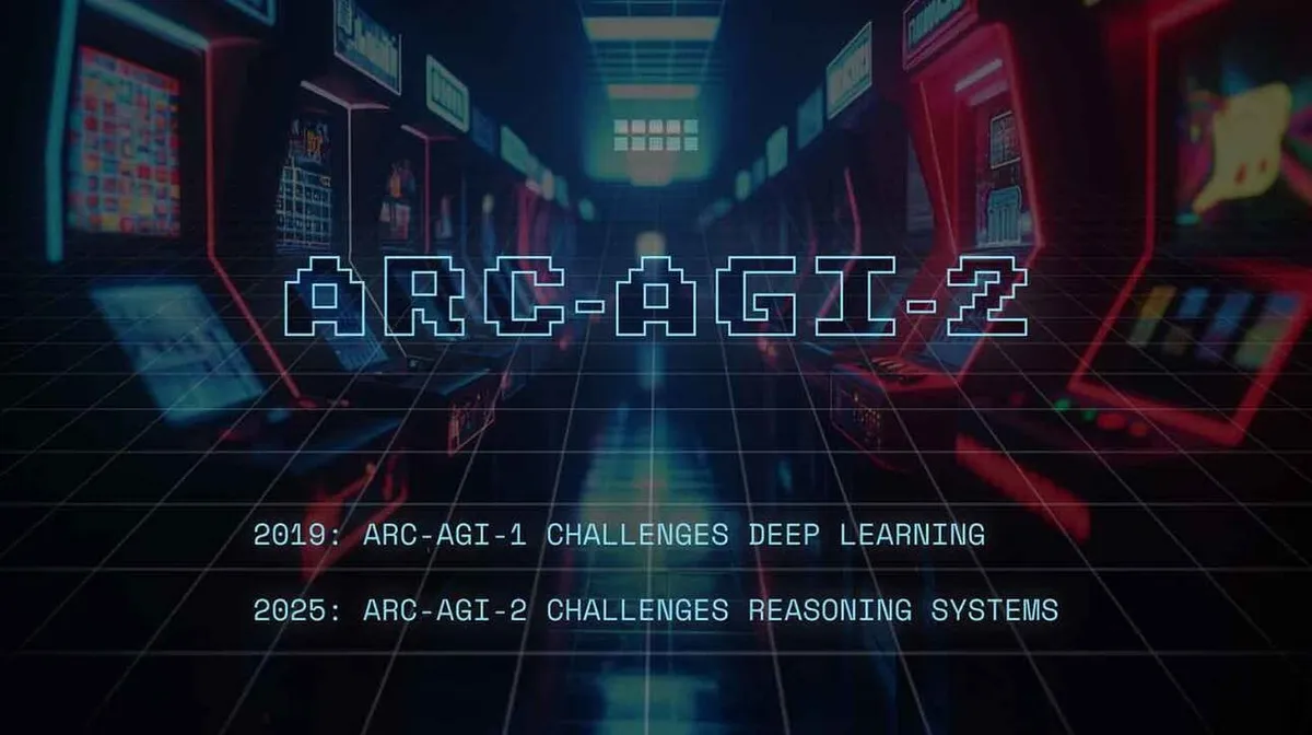Retrostiilis koridor, mille külgedel on arkaadimängud. Keskel on suur tekst 'ARC-AGI-2'. All on tekst: '2019: ARC-AGI-1 CHALLENGES DEEP LEARNING' ja '2025: ARC-AGI-2 CHALLENGES REASONING SYSTEMS'. Taustal on näha helendav uks.