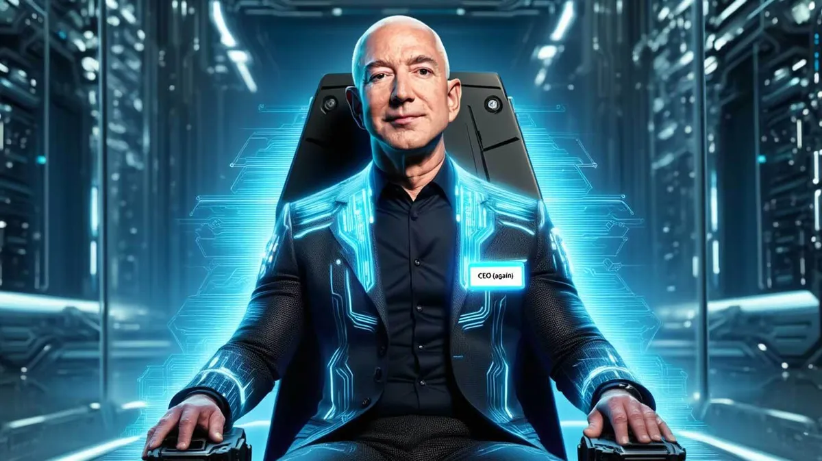 Mees istub futuristlikus toolis, kandes musta jopet, mis on kaunistatud helendavate siniste mustritega. Tema rinnal on silt 'CEO (again)'. Taustal on kujutatud kõrgtehnoloogiline keskkond.