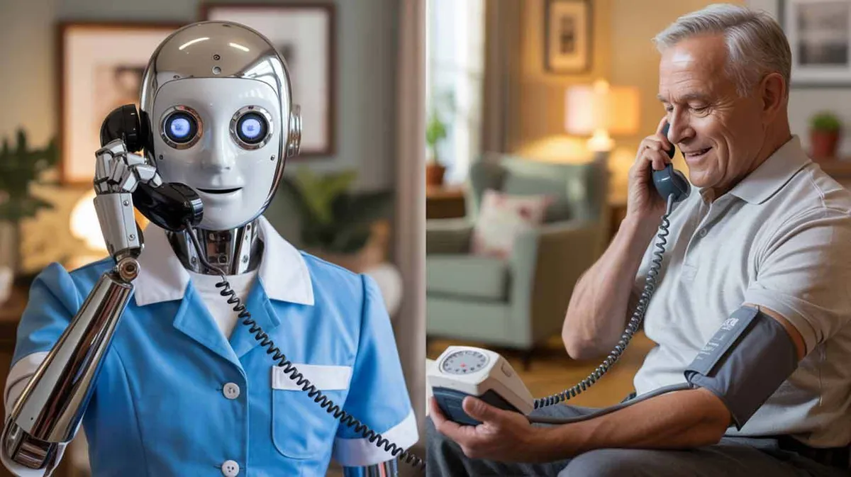 Robot medõde helistab vanemale härrale, kes istub hubases toas ja mõõdab oma vererõhku. Robot kannab sinist vormiriietust ja hoiab telefonitoru käes. Vanem mees naeratab ja hoiab telefonitoru kõrva ääres.