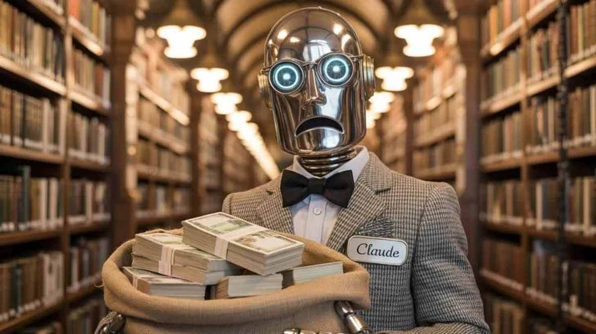 Robot metallkorpusega seisab raamatukogus, käes kott rahaga. Robot kannab lipsuga elegantselt riietatud pintsakut ja prille. Põhjal asub silt nimega 'Claude'. Taustal on näha raamatuid riiulitel.