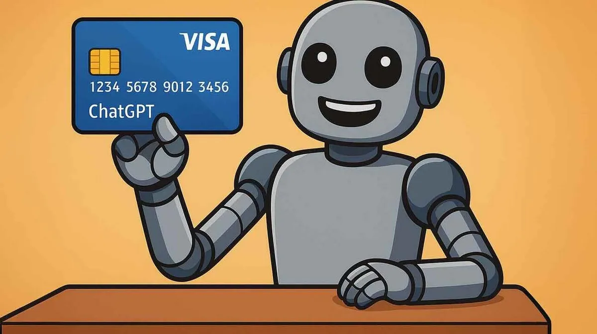 Robot hoiab kätt tõstetud ja näitab sinist krediitkaarti, millel on kiri 'VISA' ja kaardinumbrid. Taust on oranž.