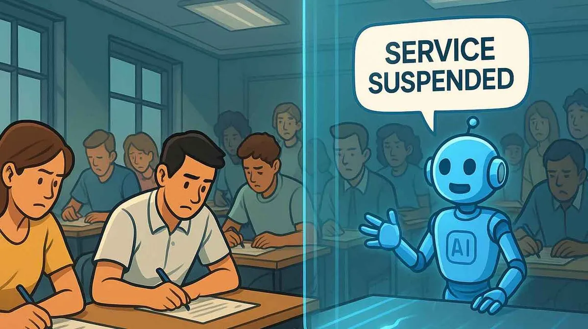 Klassiruumis istuvad õpilased kirjutavad kontrolltööd. Paremal pool on sinine AI robot, mis ütleb: 'SERVICE SUSPENDED'. Õpilased on keskendunud, kuid taevasinäoline robot on ruumist eraldatud klaasseinaga.