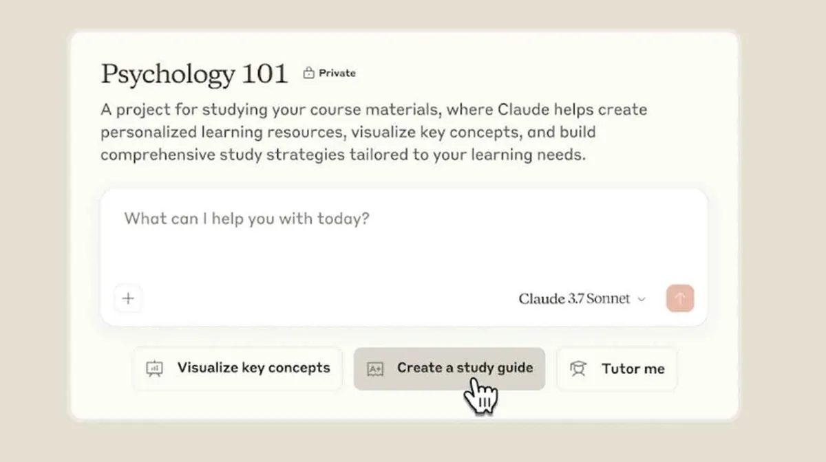 Kuvand näitab veebiprojekti lehte pealkirjaga 'Psychology 101'. Seal on kirjeldus, kuidas projekt aitab õppematerjale isikupärastada, visualiseerida võtmekontsepte ja luua õppestrateegiaid vastavalt õppija vajadustele. Allpool on tekstiväli, kuhu saab sisestada küsimusi või abisoove. Alumises osas on kolm nuppu: 'Visualize key concepts', 'Create a study guide' ja 'Tutor me'. Kursor on nupu 'Create a study guide' kohal.