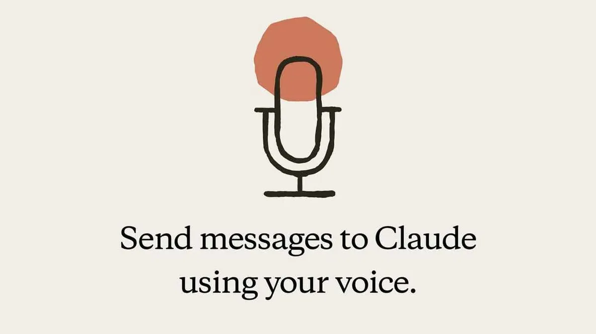 Joonistatud mikrofoni ikoon, mille kohal on oranž kujund. All on kiri 'Send messages to Claude using your voice.' heledal taustal.