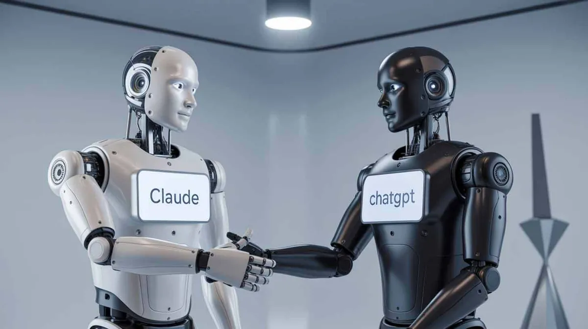 Kahel robotil on käEPigistus heledas ruumis, vasakul valge robot ja paremal must robot.