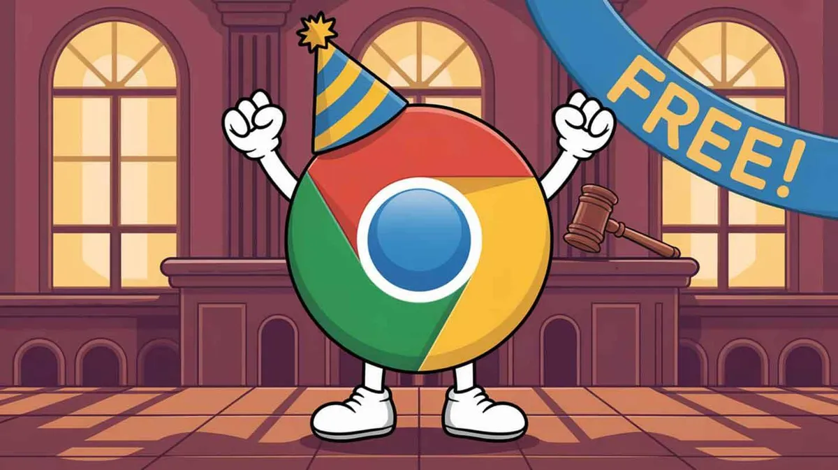 Kujutisel on stiliseeritud Google Chrome'i ikoon inimese keha osadega, kandes peomeisterduskübarat. Taustal on suur akendega kohtusaali sarnane ruum, kus on kohtunikukirves. Paremal üleval pool on sinine pael tekstiga 'FREE!'.