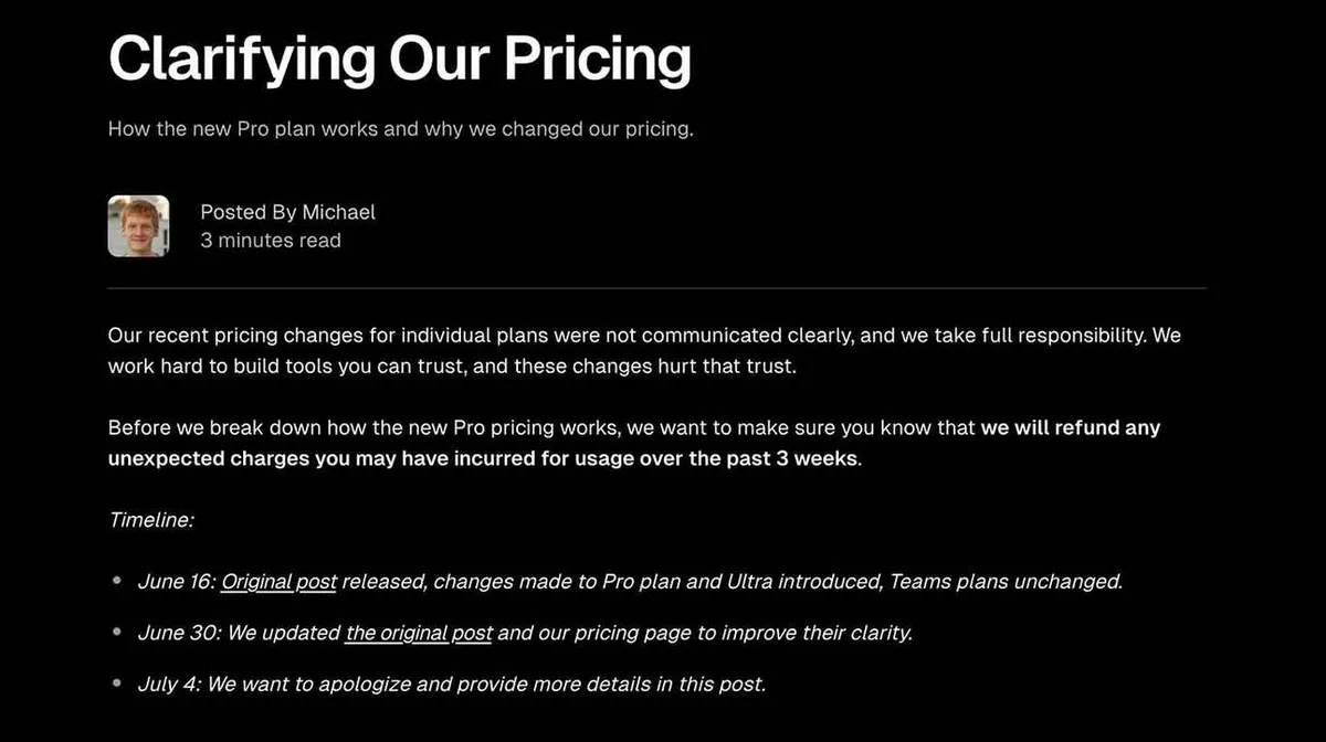 Pilti pealkirjaga 'Clarifying Our Pricing' juhatab sisse tekst hinnamuudatustest, mida kirjelaltakse mittepiisavalt selgena, mille eest vastutust kantakse. Lubatakse hüvitada ootamatud tasud viimase kolme nädala jooksul. Allpool on ajajoon tähtsamate kuupäevadega: 16. juuni, 30. juuni ja 4. juuli. Postituse autor on Michael.