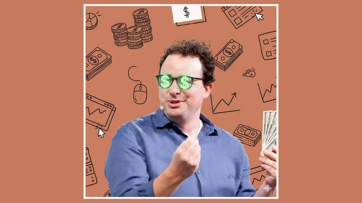 Mees, kellel on suured dollarimärkidega prillid, hoiab käes rahatähtede patakat. Taustal on erinevad joonistused, nagu mündid, rahatähed, diagrammid ja sülearvuti illustratsioonid.
