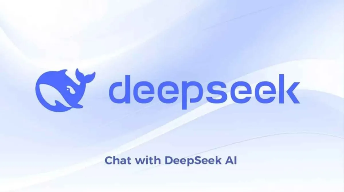 Logo kujutis, millel on sinine vaalapiktogramm ja tekst 'deepseek' sinises kirjas valgel taustal. Logo all on kiri 'Chat with DeepSeek AI'.
