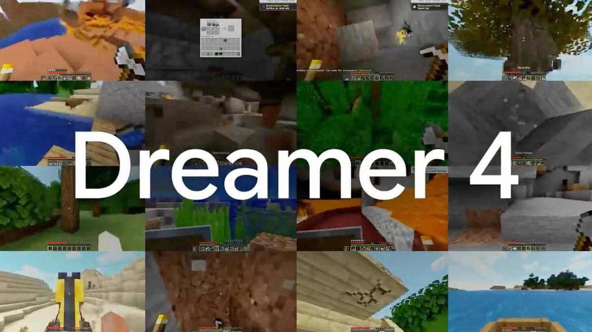Ekraanipilt, mis on jagatud ruutudeks, kus iga ruut näitab mängu 'Minecraft' stseeni. Piltidel on näha erinevaid mängu elemente nagu maastikud, koopad ja veekogud. Keskel on suur kiri “Dreamer 4.”