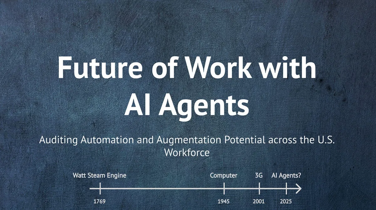 Tumesinisel taustal on kiri 'Future of Work with AI Agents'. Alumises osas on tekst 'Auditing Automation and Augmentation Potential across the U.S. Workforce'. Allpool on ajatelg, millel on märgitud 'Watt Steam Engine 1769', 'Computer 1945', '3G 2001' ja 'AI Agents? 2025'.