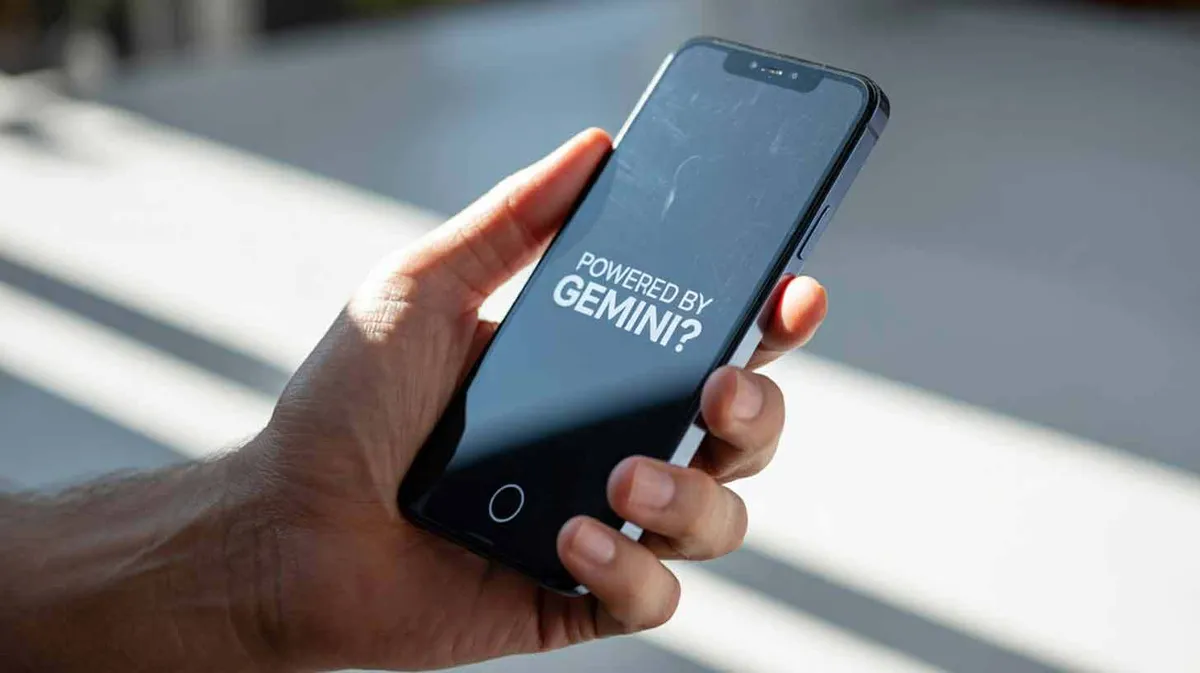 Käes hoitakse nutitelefoni, mille ekraanil on kiri 'Powered by Gemini?'. Telefoni taust on hele ja valgusküllane.