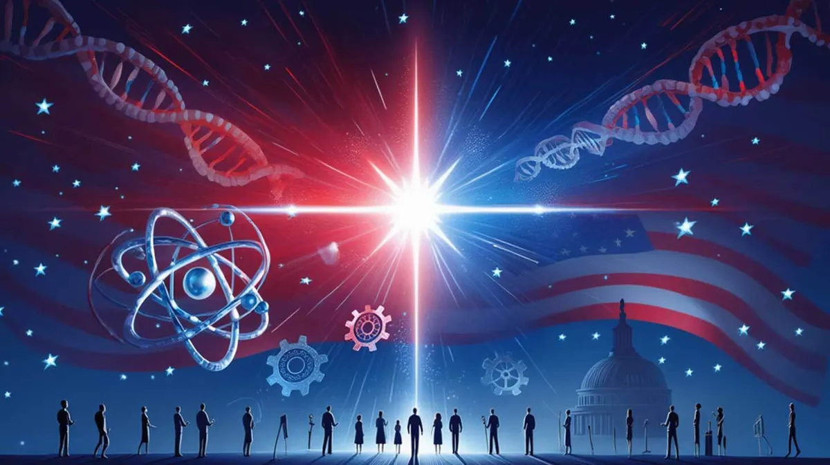 Illustratsioon, mille keskmes on valguse sära, ümbritsetud DNA ahelate, aatomimudeli, hammasrataste ja tähtedega. Taustal on Ameerika Ühendriikide lipu triibud ja Kapitooliumi kuppel. Eesosas seisavad inimesed siluetina.