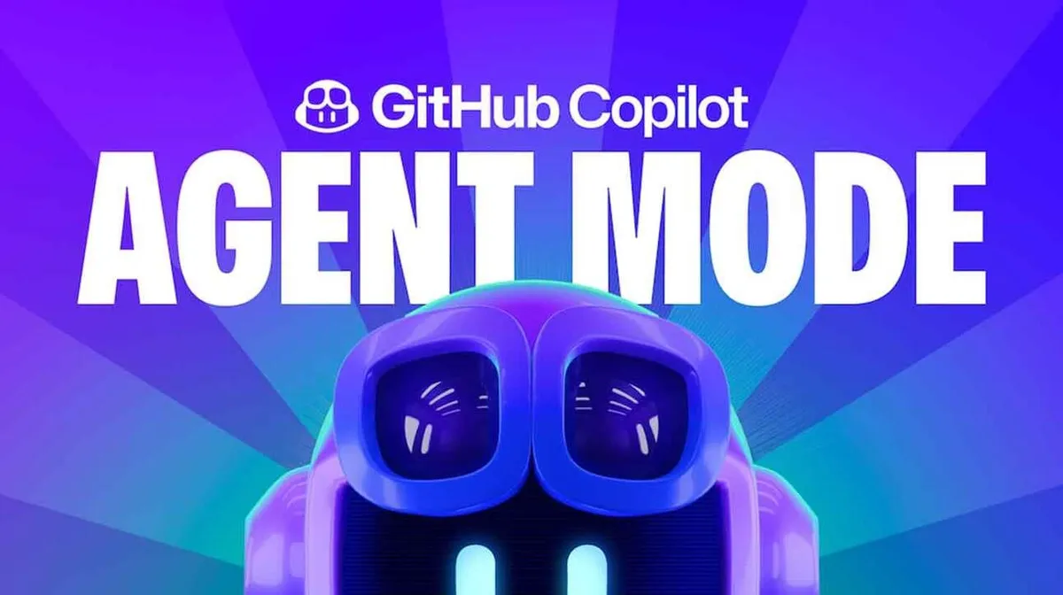Illustratsioon, millel on suurelt tekst 'GitHub Copilot AGENT MODE'. Taust on lillakassinine, esiplaanil on stiliseeritud roboti pea.