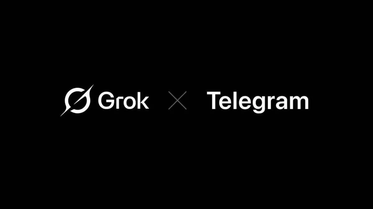 Mustal taustal on valged sõnad 'Grok x Telegram'. Teksti ees on logo.