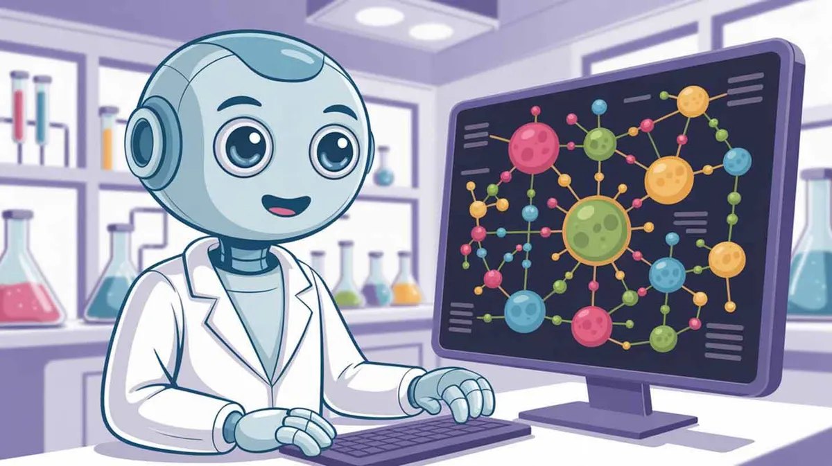 Robot valges kitlis istub laboris arvuti ees. Arvutiekraanil on värviline molekulaarvõrgustik. Taustal on erinevate kemikaalidega täidetud laborianumad.