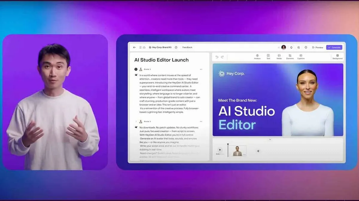 Vasakul pool on mees valge särgiga lillal taustal, nagu oleks tegemas esitluse sissejuhatust. Paremal pool on ekraanikuva, kus on tekst ja pilt inimesest koos sõnadega 'AI Studio Editor Launch' ja 'Meet The Brand New: AI Studio Editor'. Taustal on sinakad ja lillad toonid.