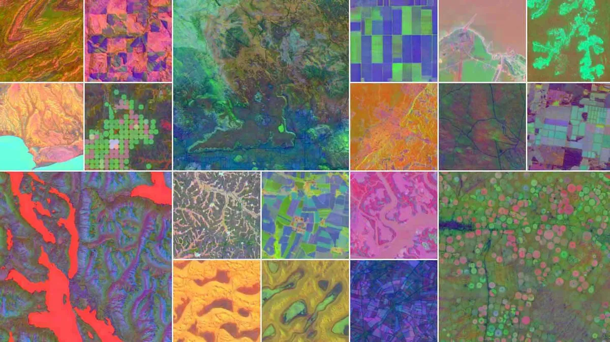 Mitmevärviline mosaiik, mis koosneb erinevatest satelliidipiltidest, näidates maastike mitmekesisust. Iga ruut esitab erineva piirkonna, kus on nähtavad erinevad geograafilised ja inimtekkelised mustrid, nagu põllud, metsad ja veekogud. Toonid ulatuvad erksatest punastest ja roosadest rahustavate sinise ja roheliseni.